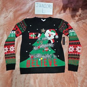 Juniors L Santa Claus & Christmas Tree Believe Embellished Knit Sweater NWT